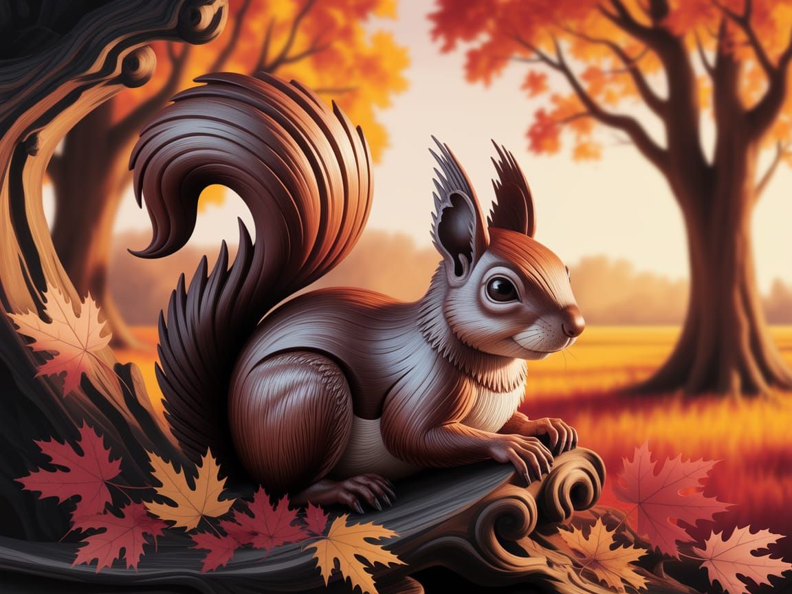 Wooden Squirrel in Golden Hour Forest Light