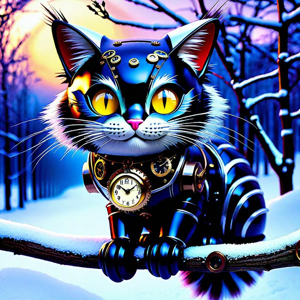 Steampunk Cheshire Cat Robot on Snowy Branch