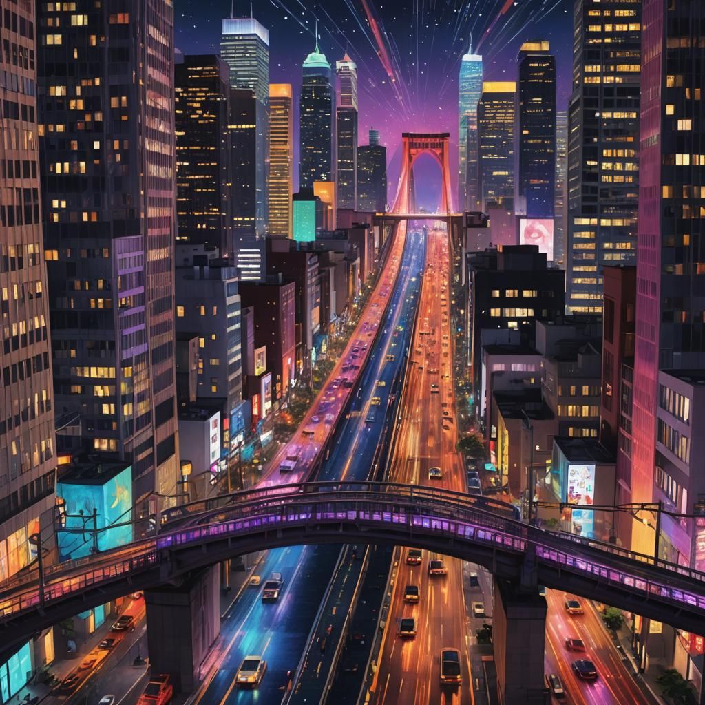 Rainbow Bridge in Urban Night, Digital Art