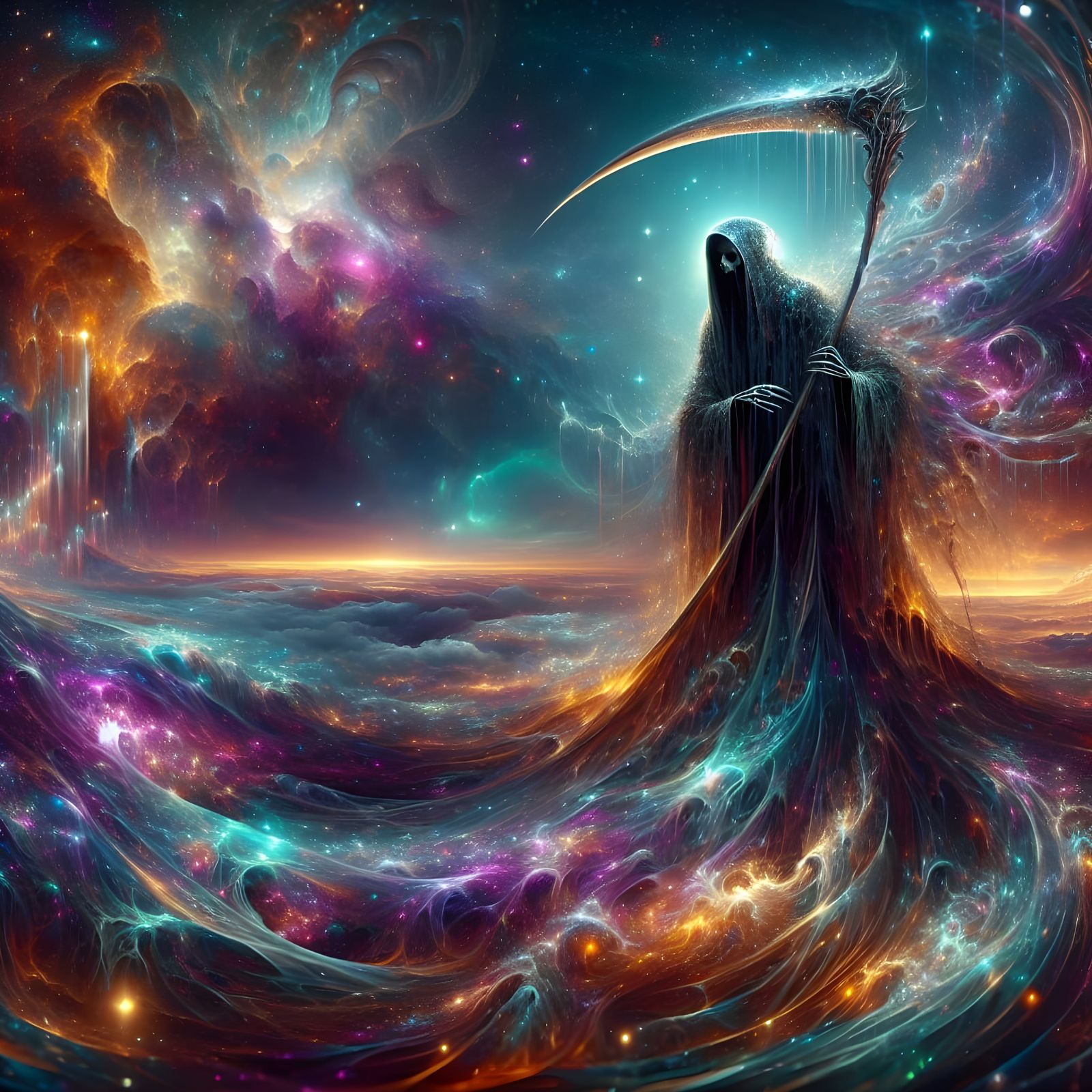 Grim Reaper in a Sparkling Cosmic Fantasy Realm