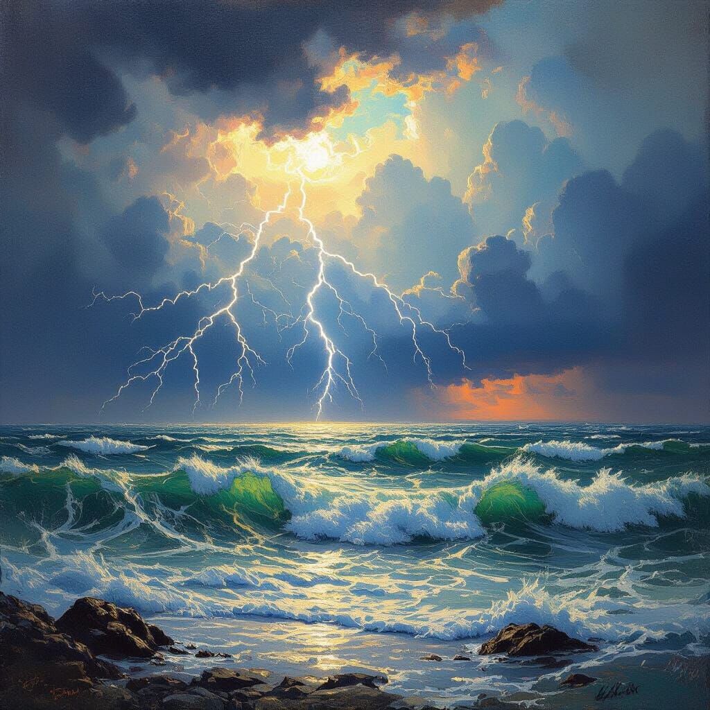 Dramatic Seascape: Lightning Storm and Sunlight
