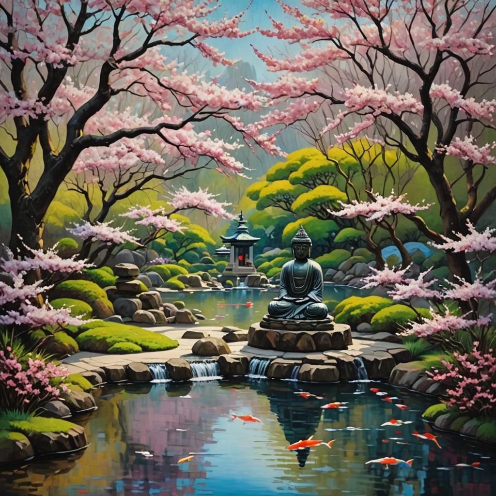 Zen Garden with Cherry Blossoms in Impressionist Style