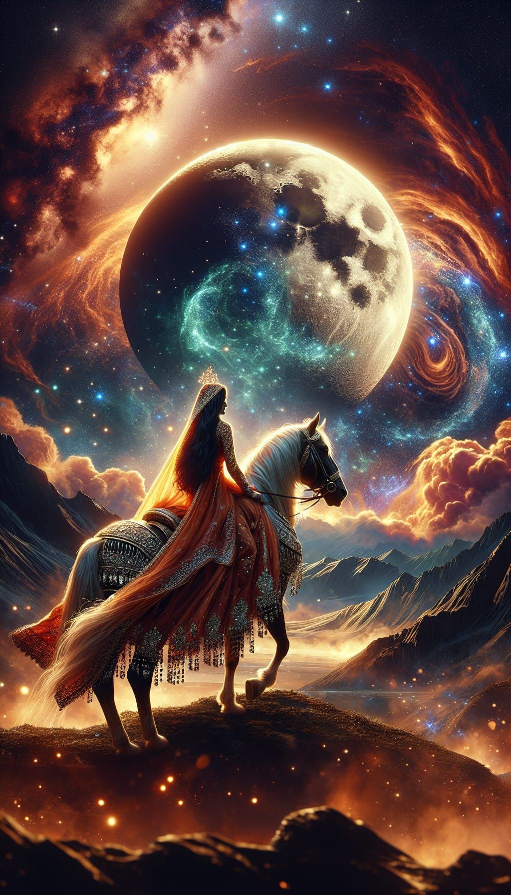 Cowgirl on Horseback Under a Celestial Sky