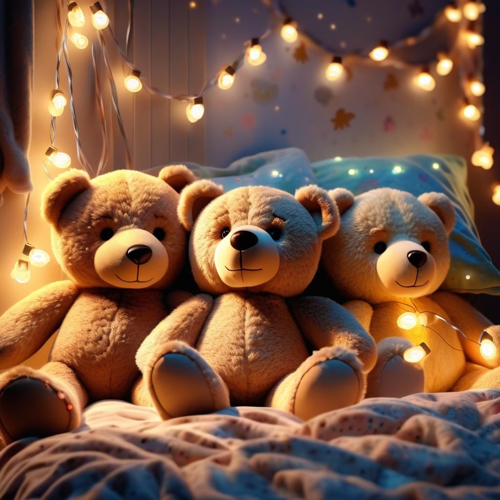 child's bed filled with teddy bears dreamcore hyperrealism