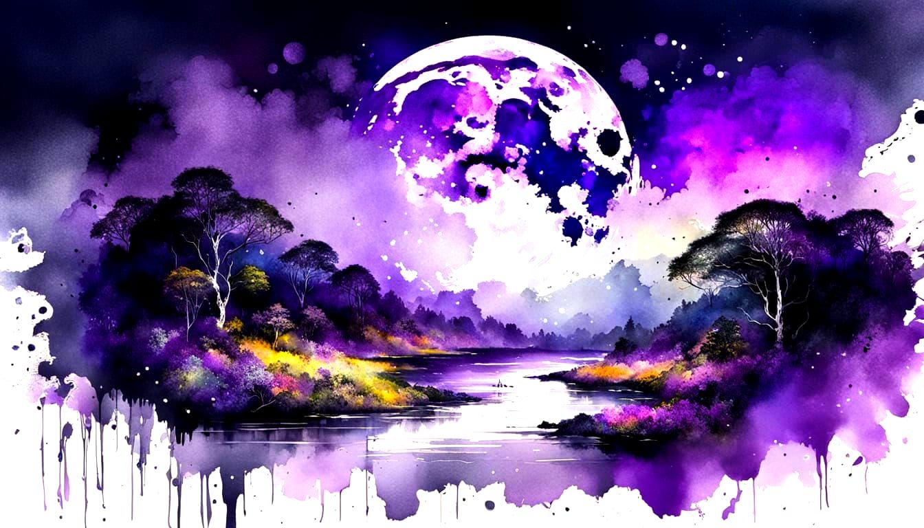 Breathtaking Moonlit Summer Landscape with Rivers and Waterf...