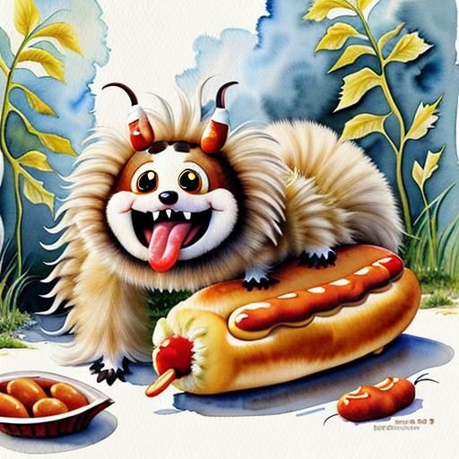 Adorable Anthropomorphic Caterpillar on Hotdog: Watercolour ...