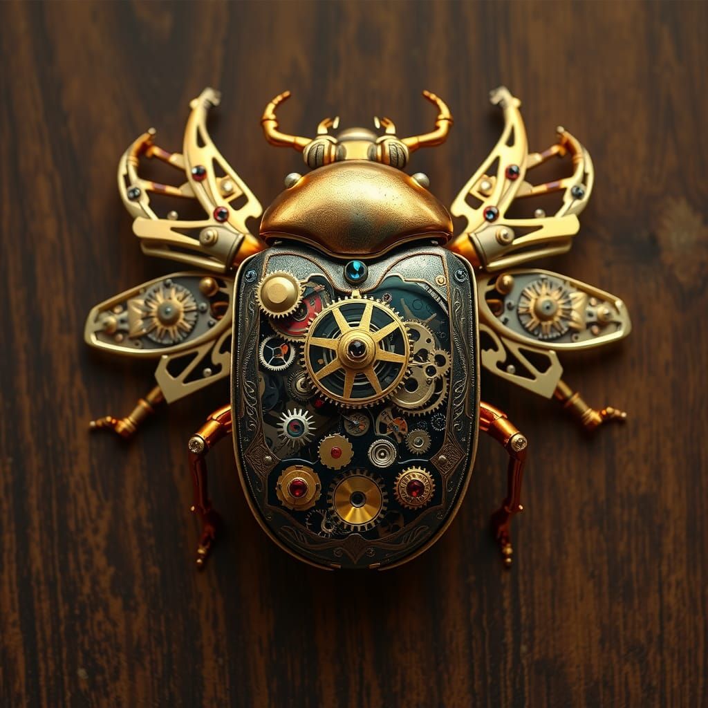 Mechanical Clockwork Scarab Beetle with Gold Exoskeleton