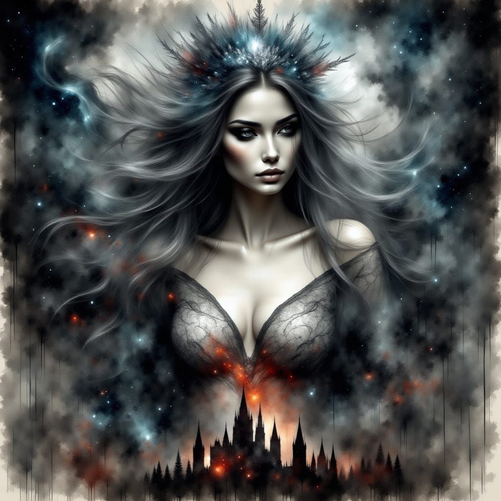 Ethereal Goddess Presides Over Spectral Castle in Watercolor