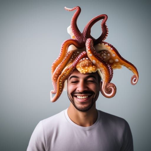 happy man with an octopus on his head