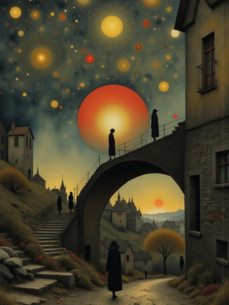 Surreal Sunset Scene with Winding Road and Celestial Sky