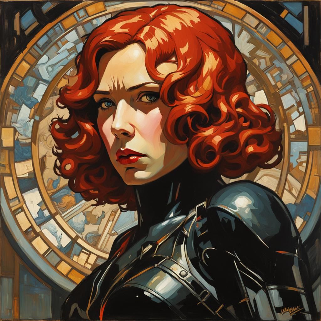 Marvel Black Widow head and torso in a modernist Alphonse Mucha painting