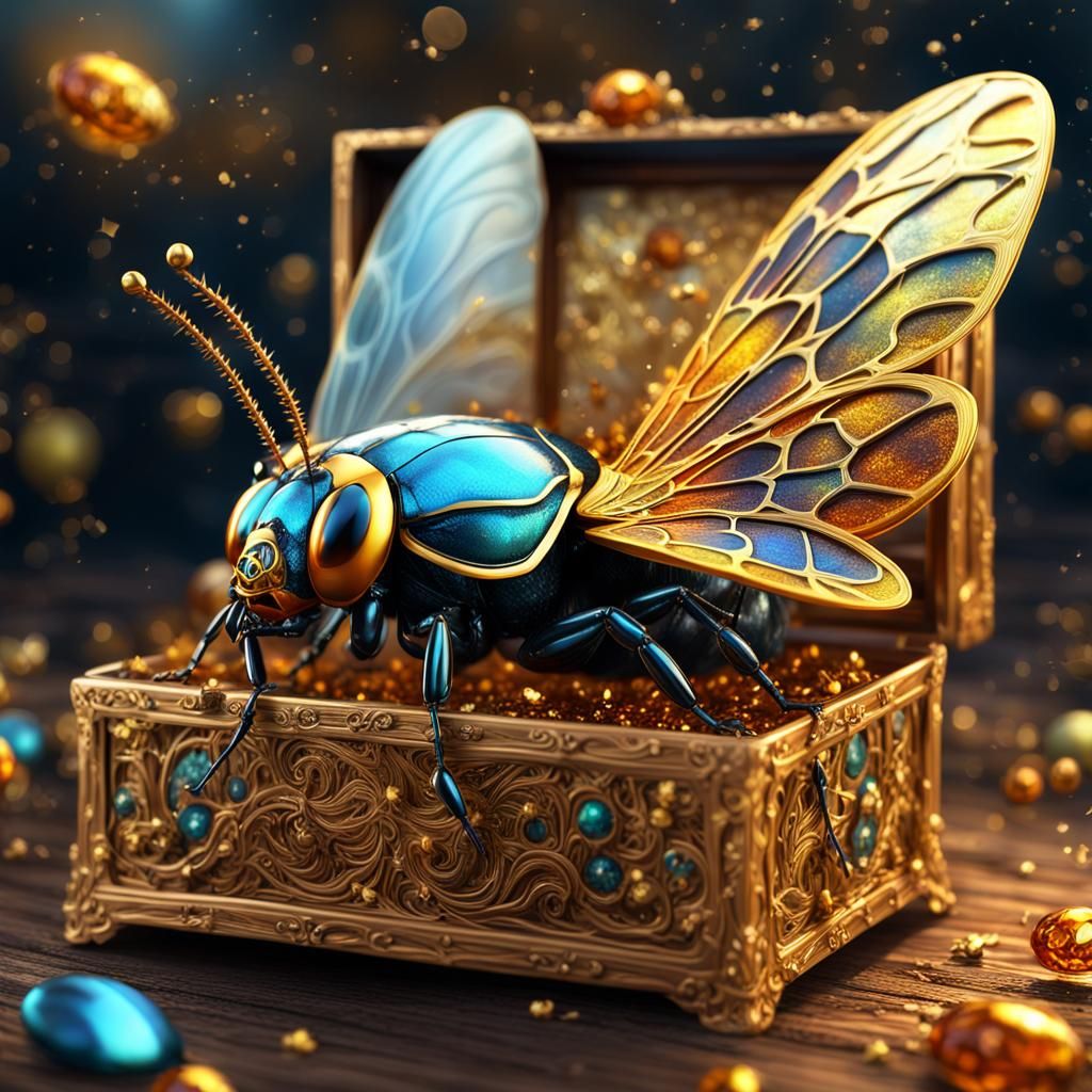 Magic Bug with Golden Wings in Fantasy Art