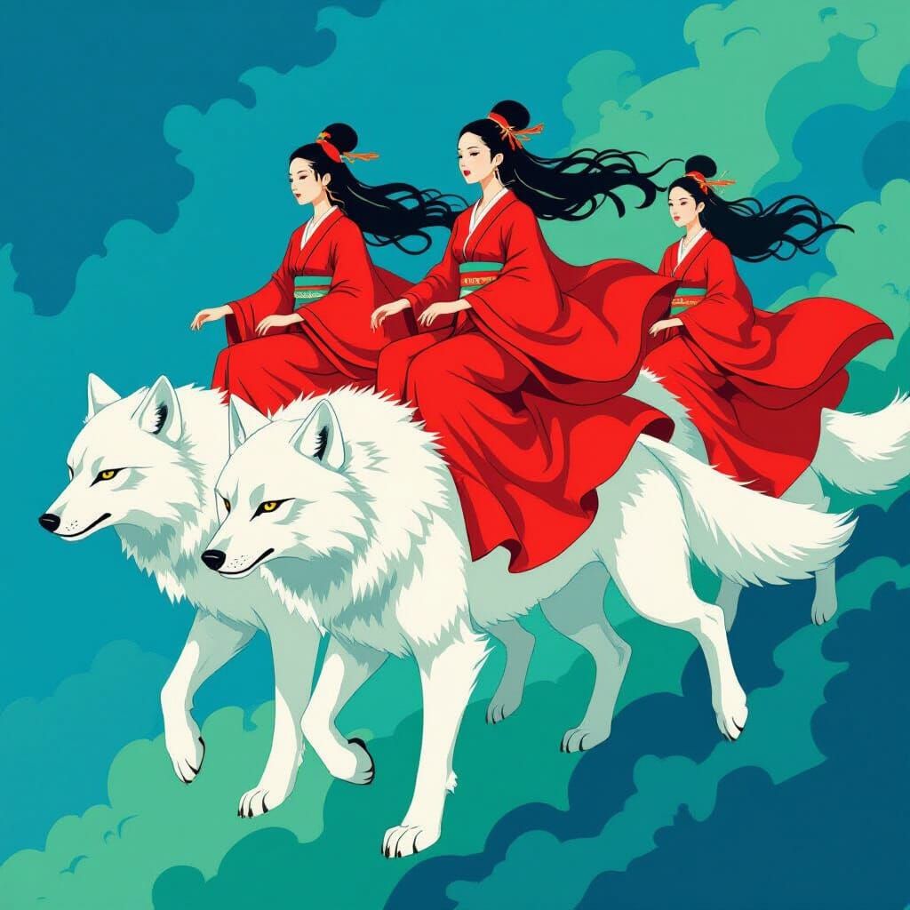 Women in Red Riding Giant Wolves in Abstract Style