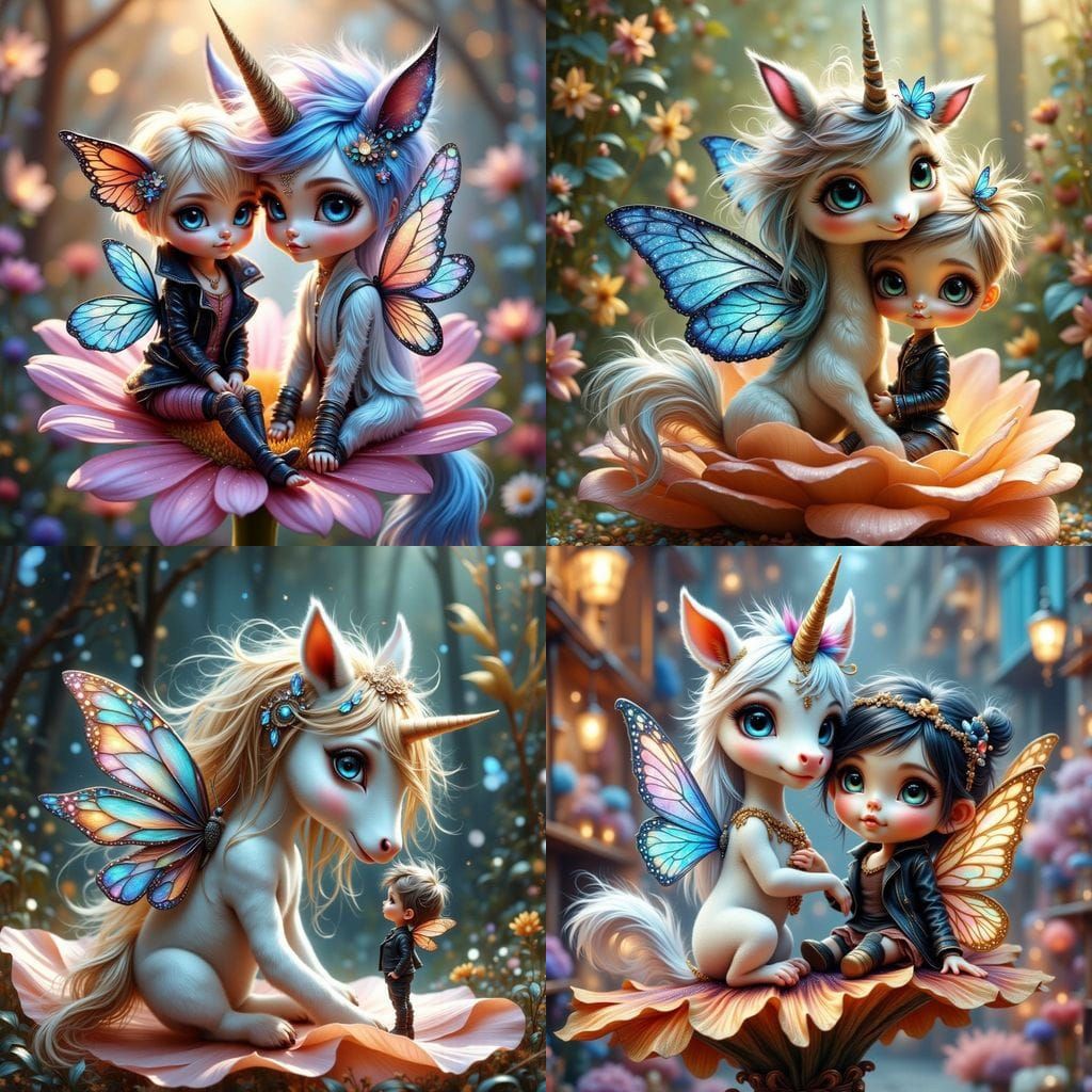 Delicate Unicorn with Blue Butterfly Wings and Tiny Fairy