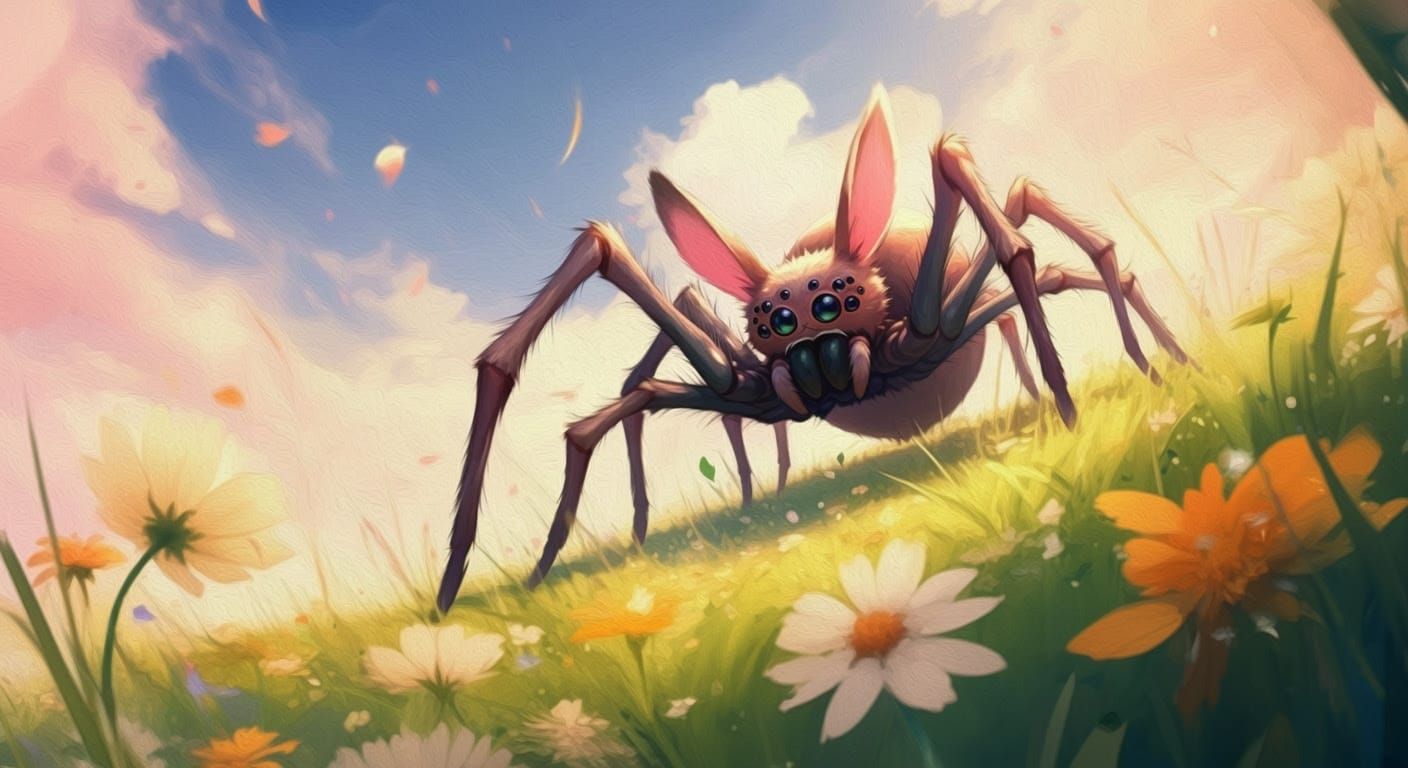 Dreamlike Watercolour Fantasy Scene with a Giant Spider-Bunn...