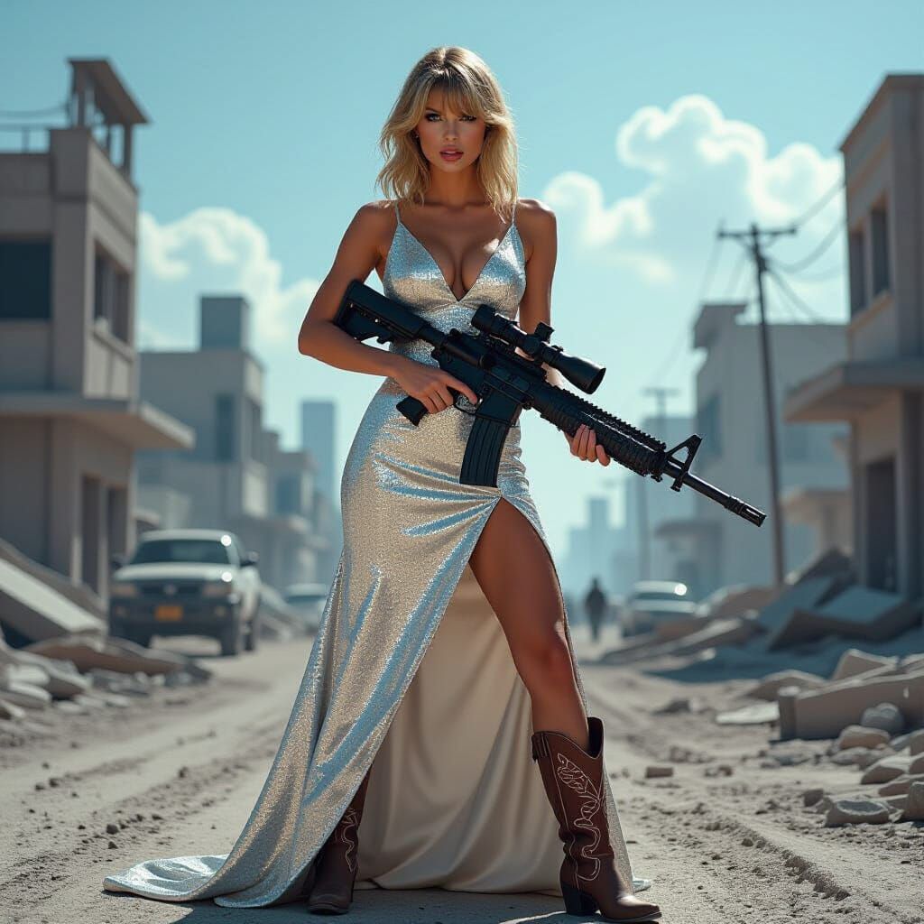 Taylor Swift as Futuristic Soldier in Ruined City