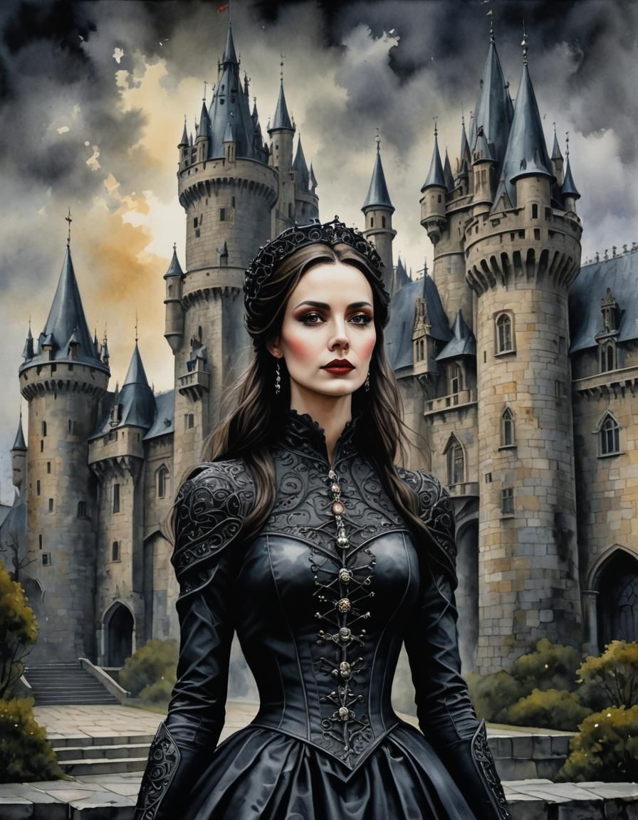 Gothic Woman Near Castle: Abstract Watercolor Portrait