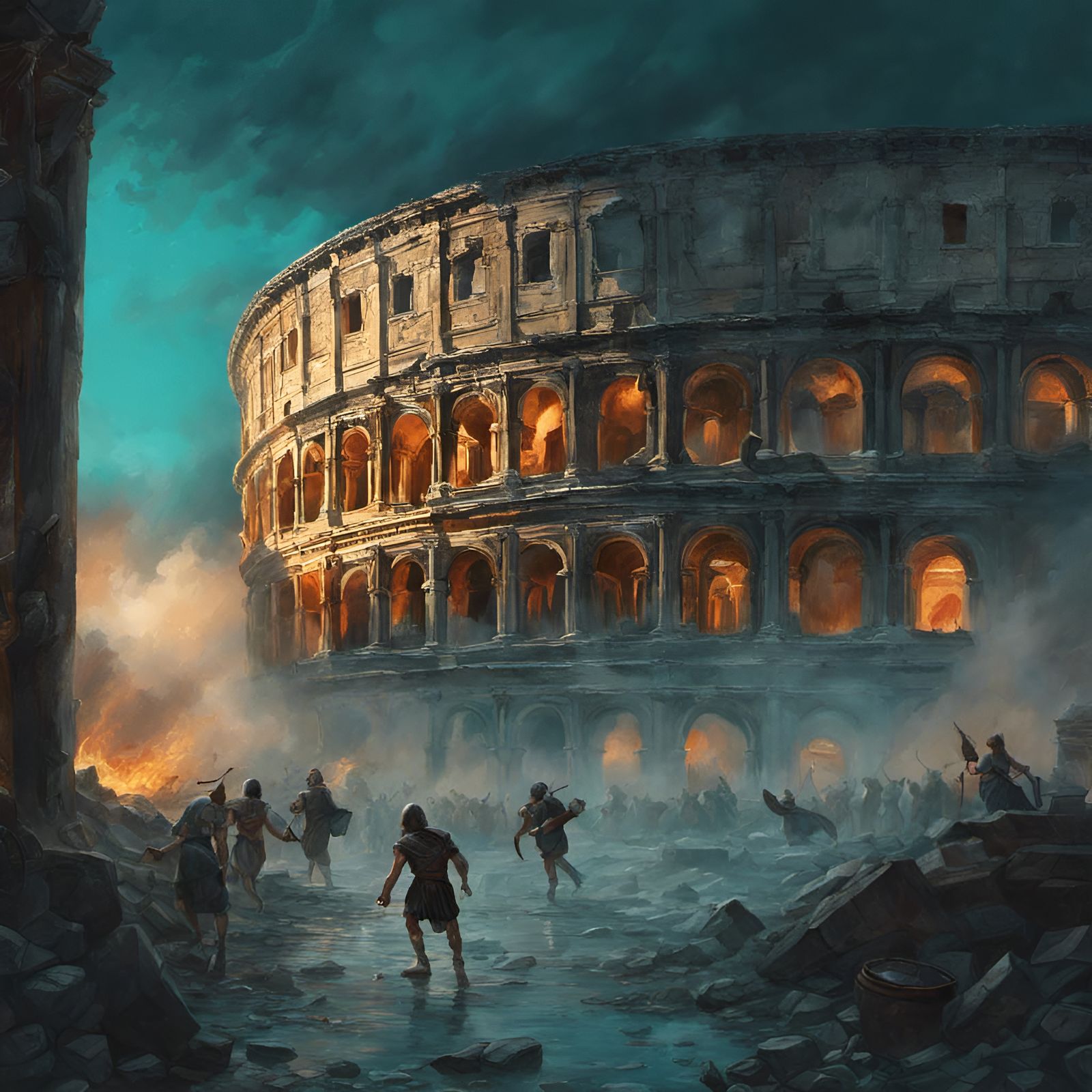 Fully hiperrealistic, intricate detailed scene of ancient roman Pantheon under the night foggy turquoise sky. The backgr...