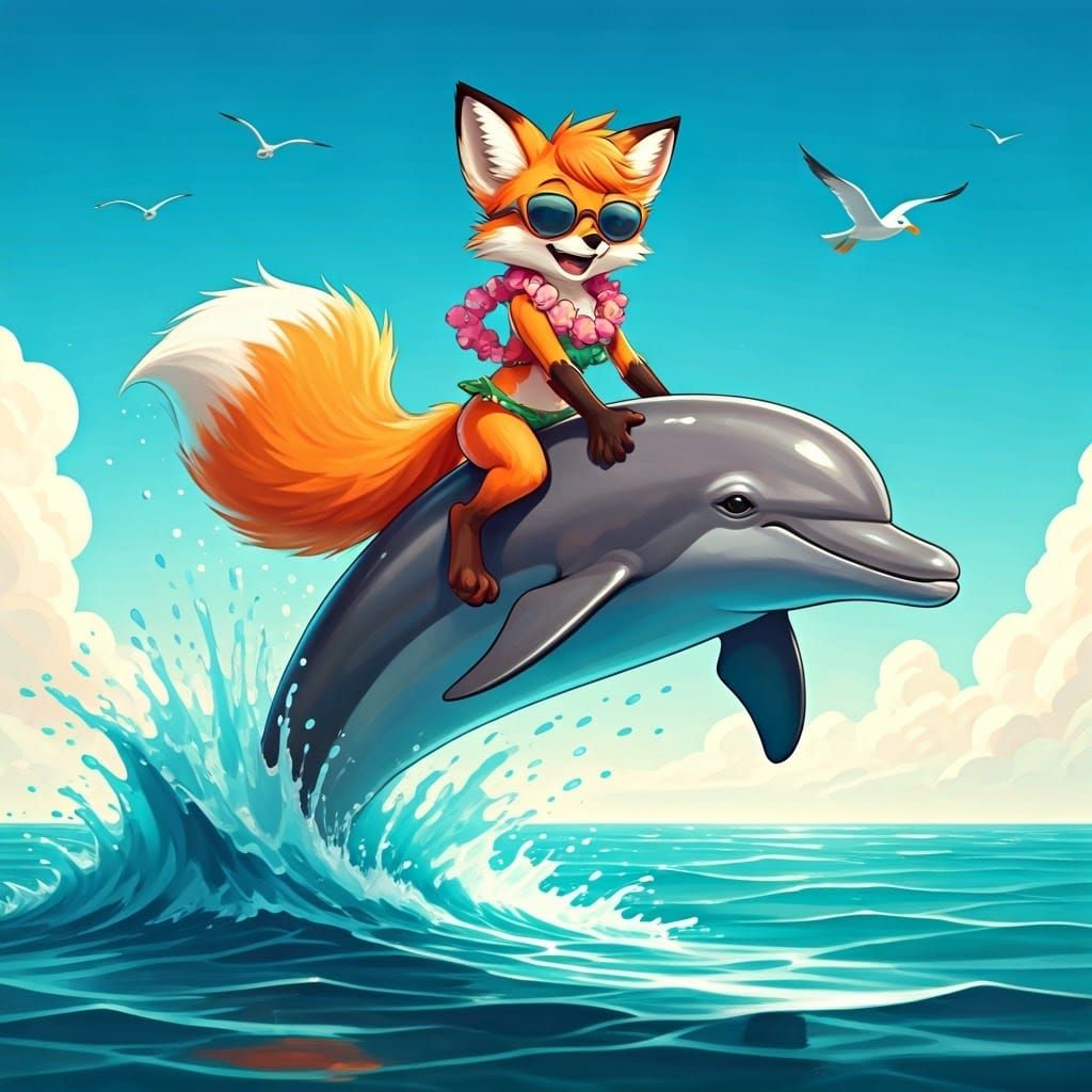 Vibrant Fox Girl Rides Dolphin in Whimsical Anime Style