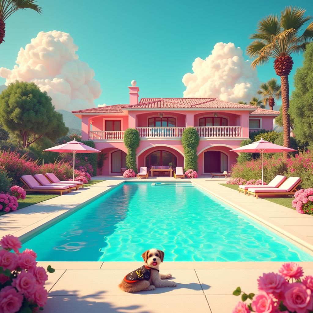 Candy Art House with Pool and Dog in Pastel Hues