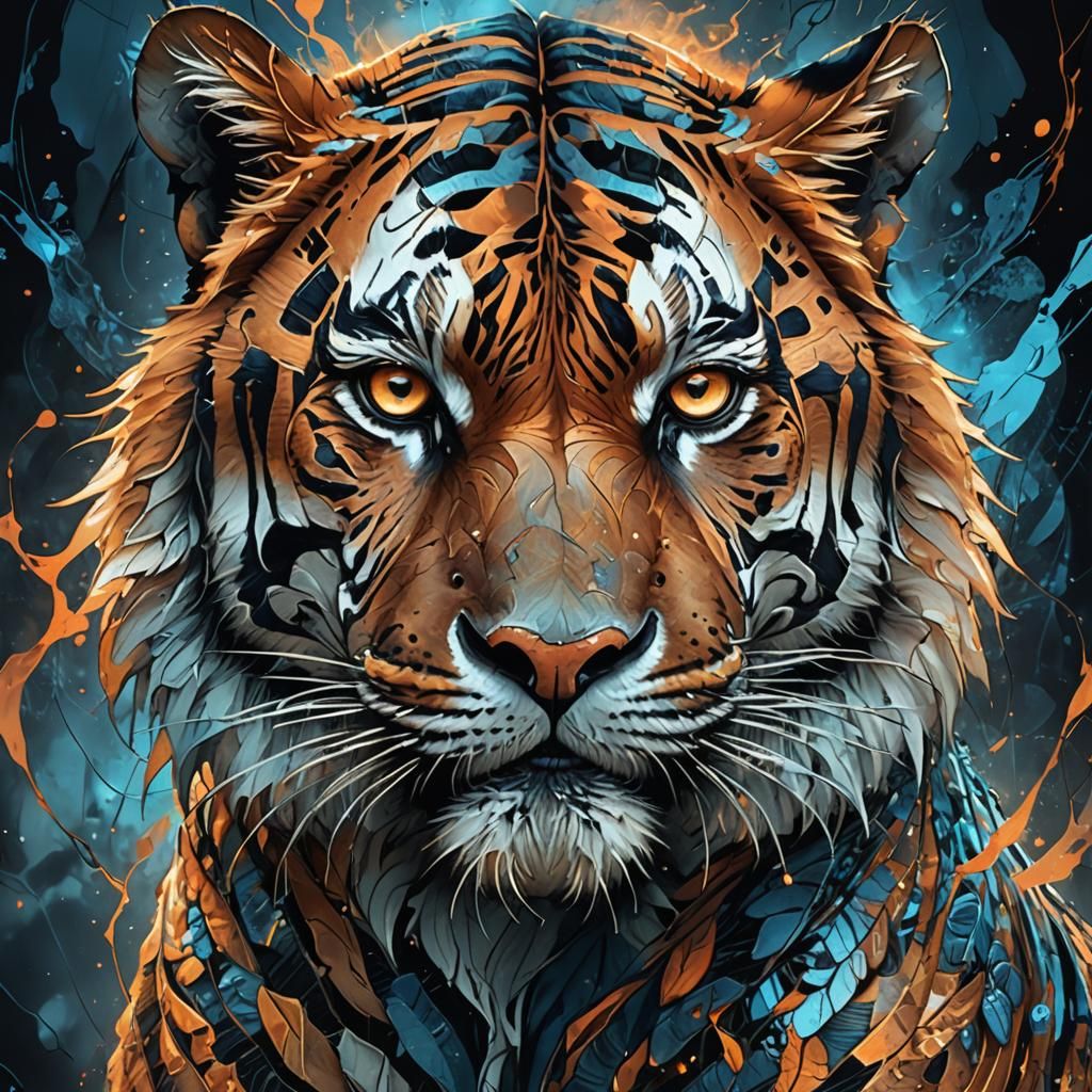 Fiery Tiger Portrait in Abstract Vector Fractal Style