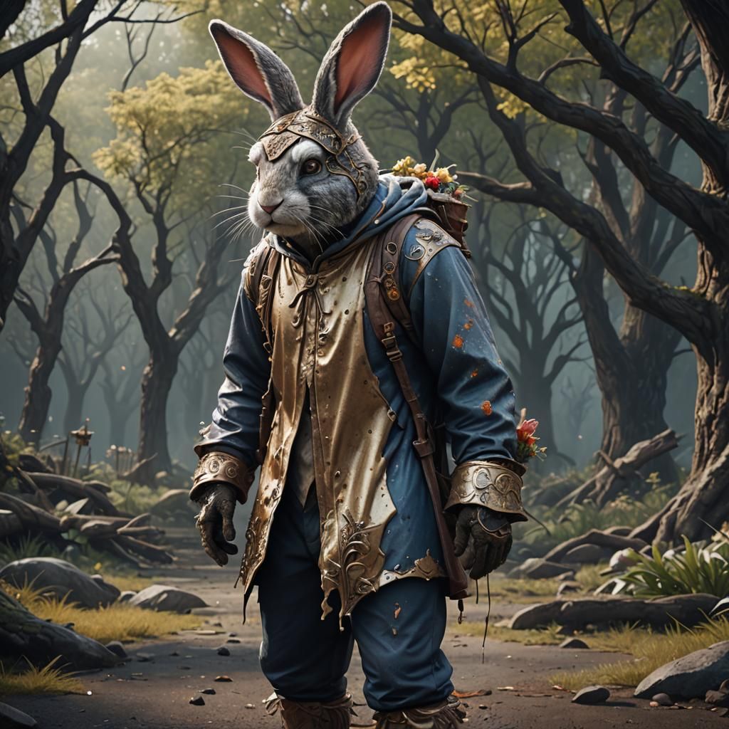 Depressed Man in Bunny Costume: Detailed Matte Painting