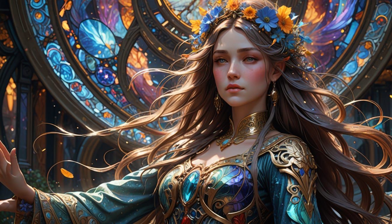 Celestial Goddess Weeping Light in Nebula, Anime Art