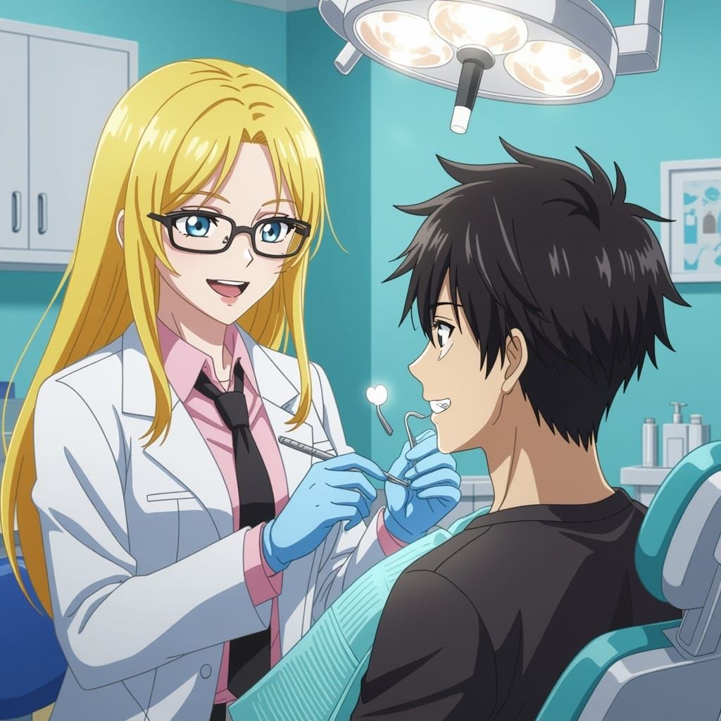 Anime Style Dentist Extracts Tooth in Vibrant Scene
