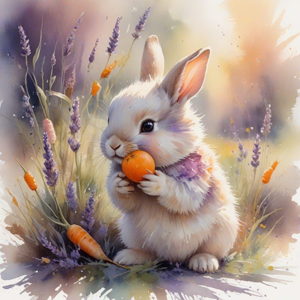 Kawaii Bunny with Carrot in Lavender Field