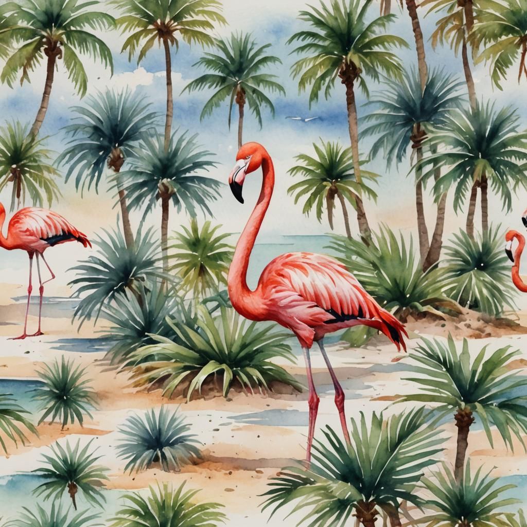 Flamingo Portrait in Watercolor Style on Beach