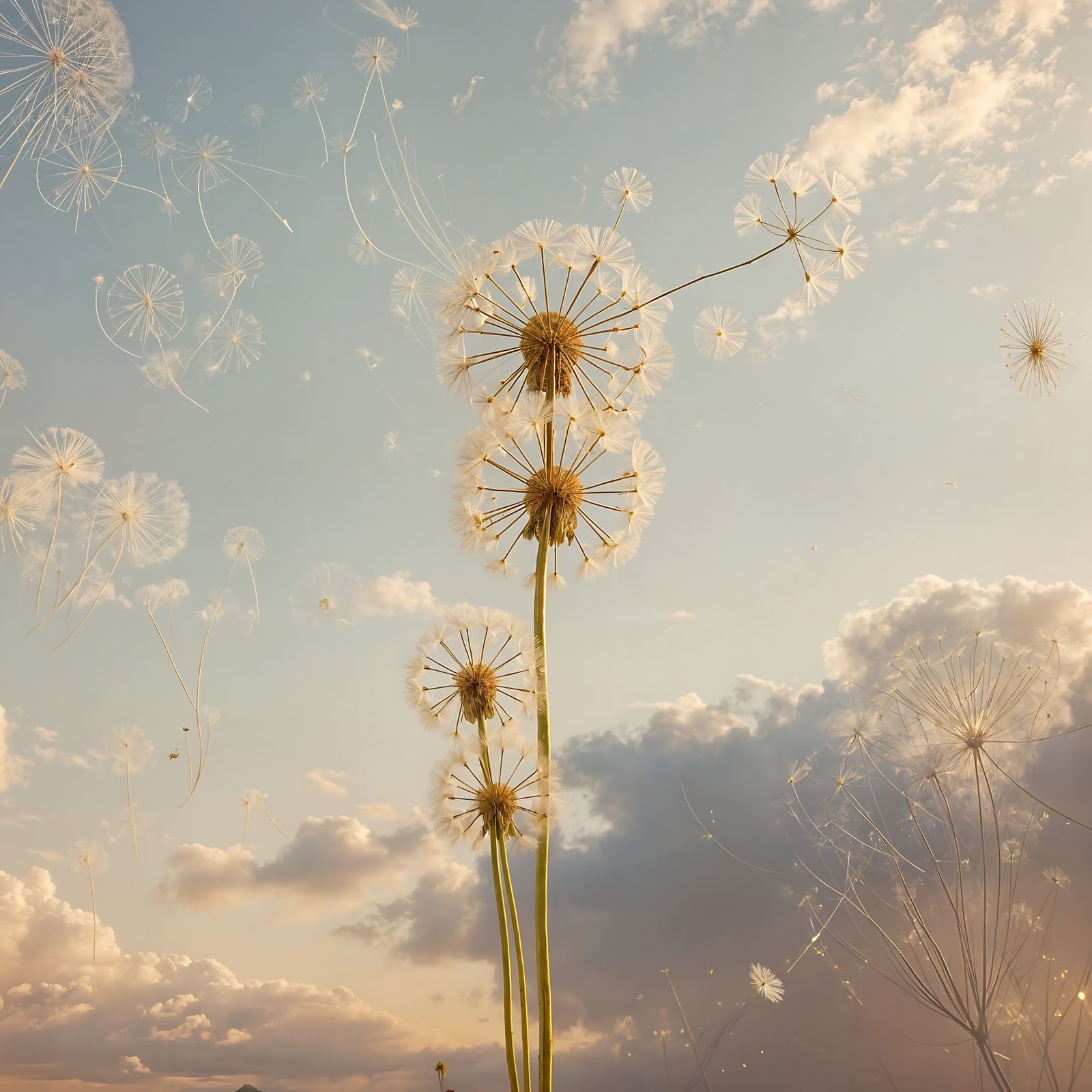 Dazzling Gold Dandelions in Dreamy, Ethereal Sky