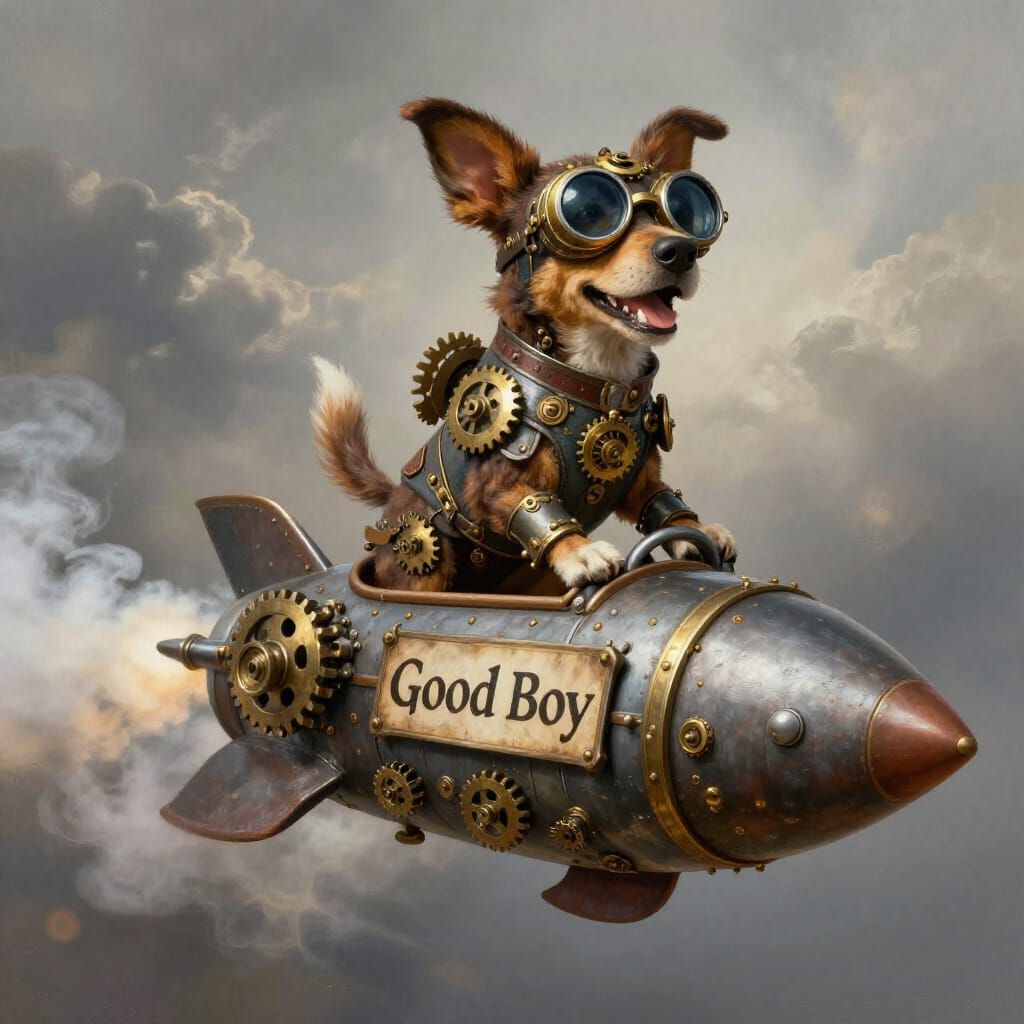 Steampunk Dog Rides Rocket Ship in Whimsical Sky