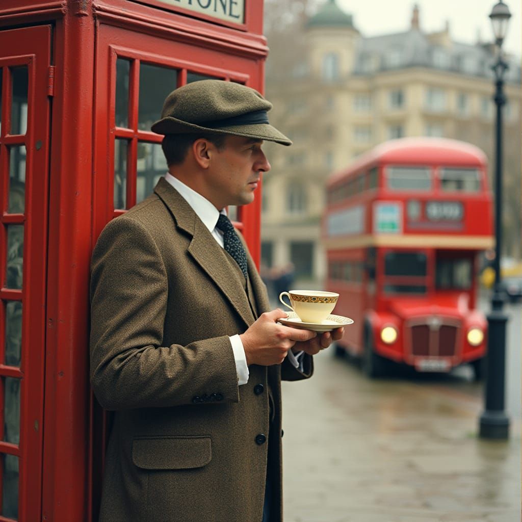 English Gentleman Sipping Tea by Phone Booth