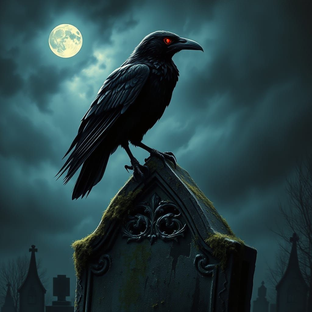 Sinister Raven on Gravestone in Gothic Fantasy Art Style