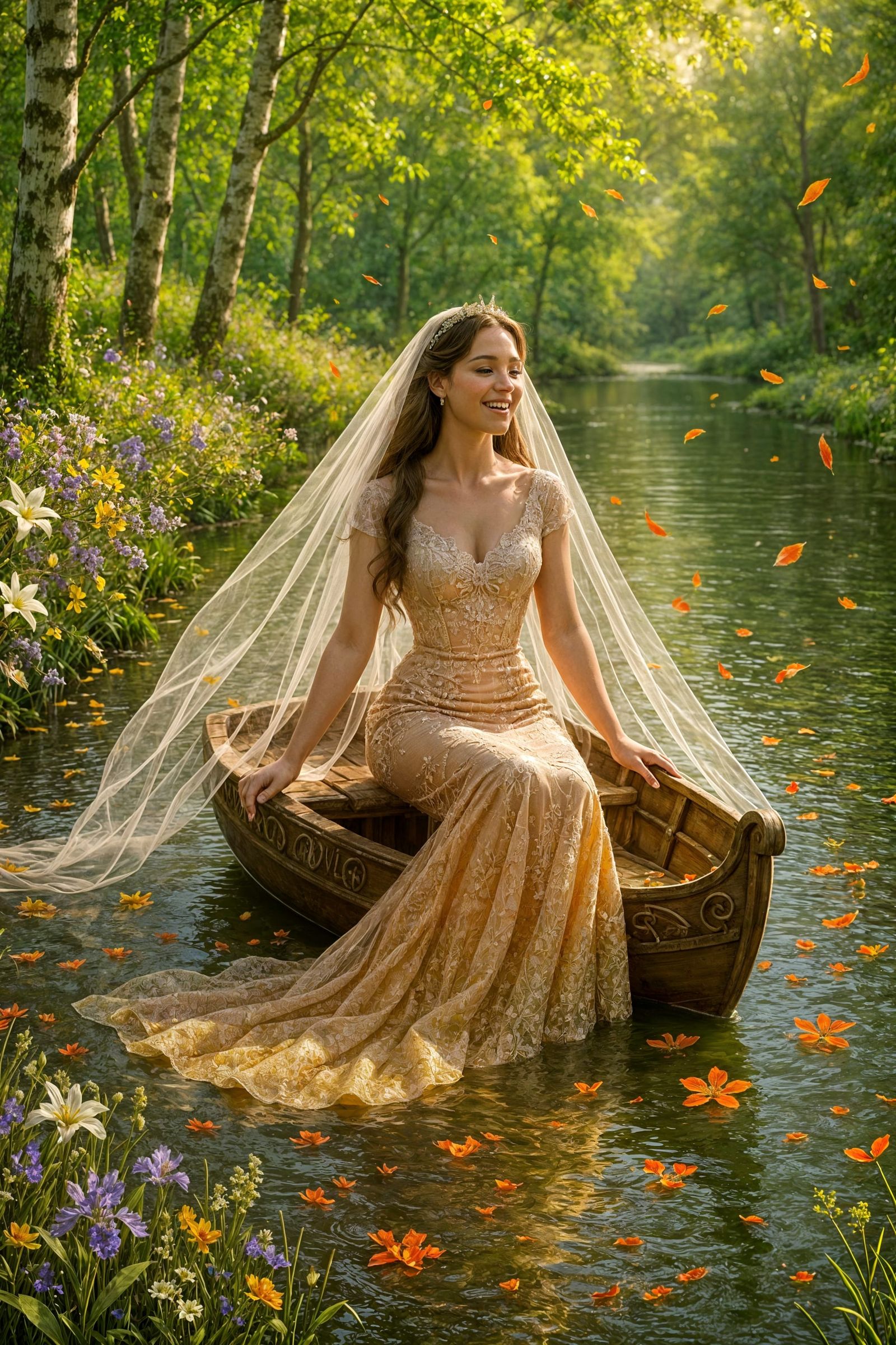 Enchanted River Bride in Lush Meadow, Digital Art
