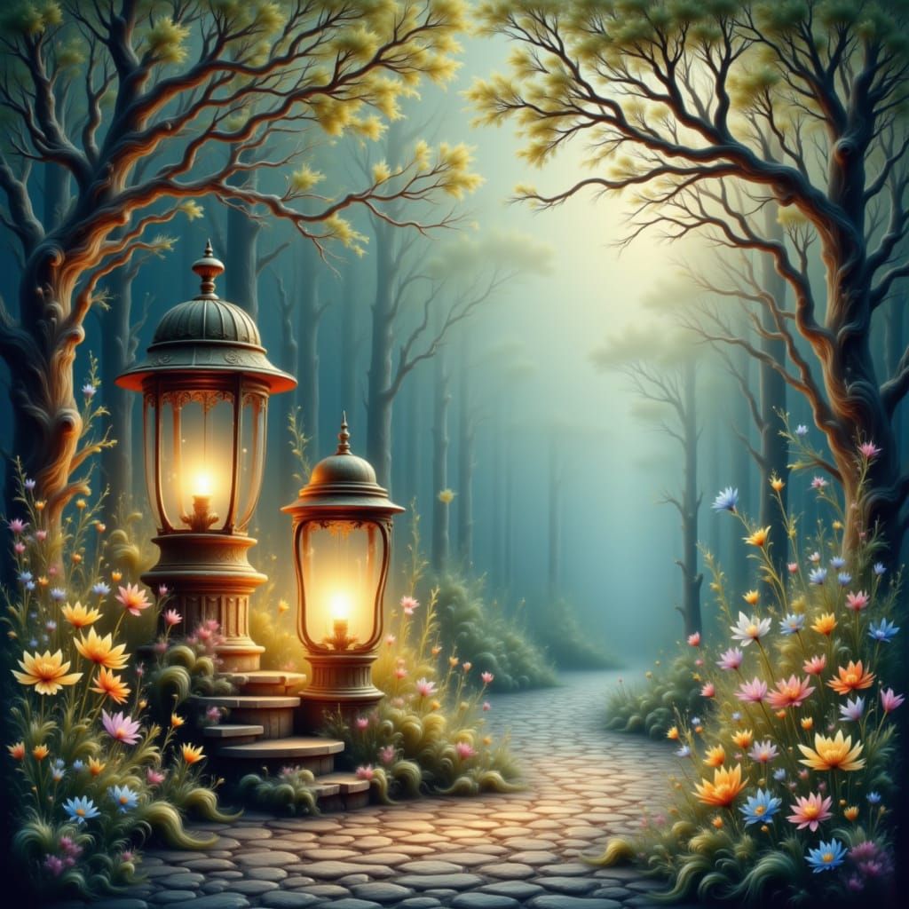 Mystical Lantern Glow on Wildflower Path at Twilight
