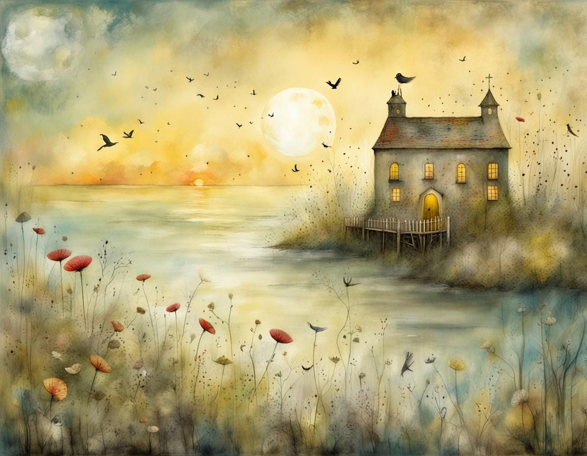 Seaside Sunrise in Whimsical Illustration Style