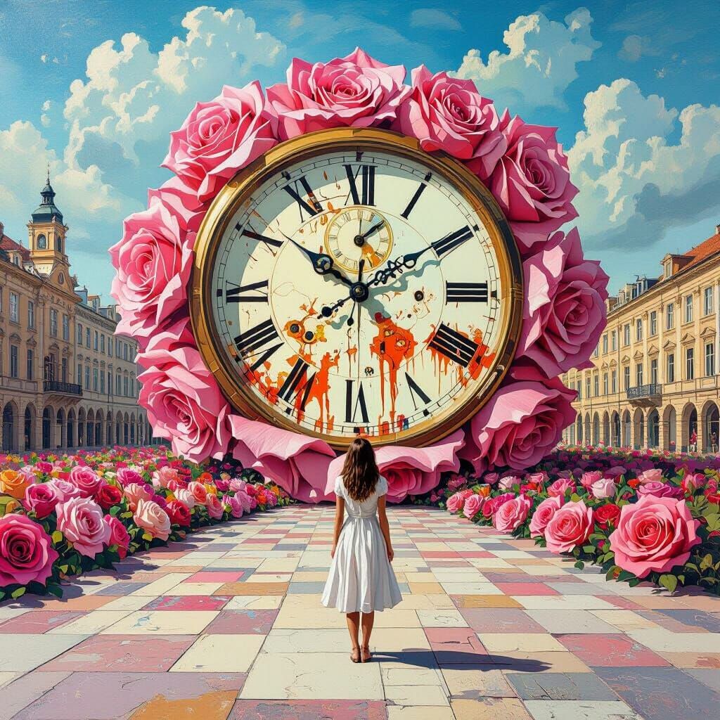 Surreal Plaza: Roses Transform into Melting Clocks