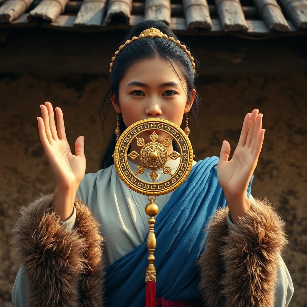 Tibetan Woman with Prayer Wheel, Detailed Matte Painting