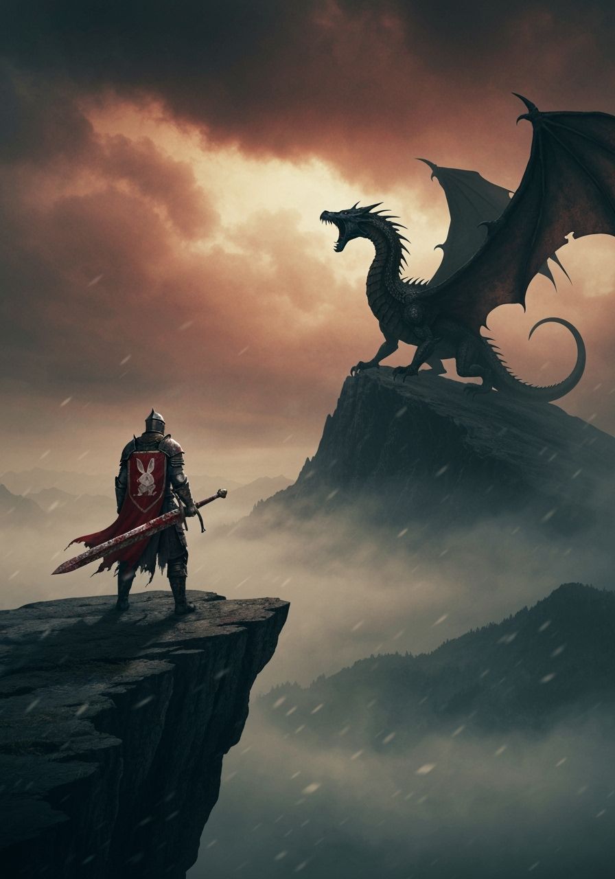 Knight and Dragon Confrontation in Dark Fantasy Landscape