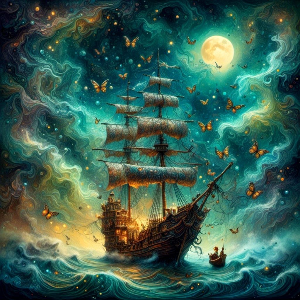 Ghostly Butterfly Pirate Ship in Misty Moonlight