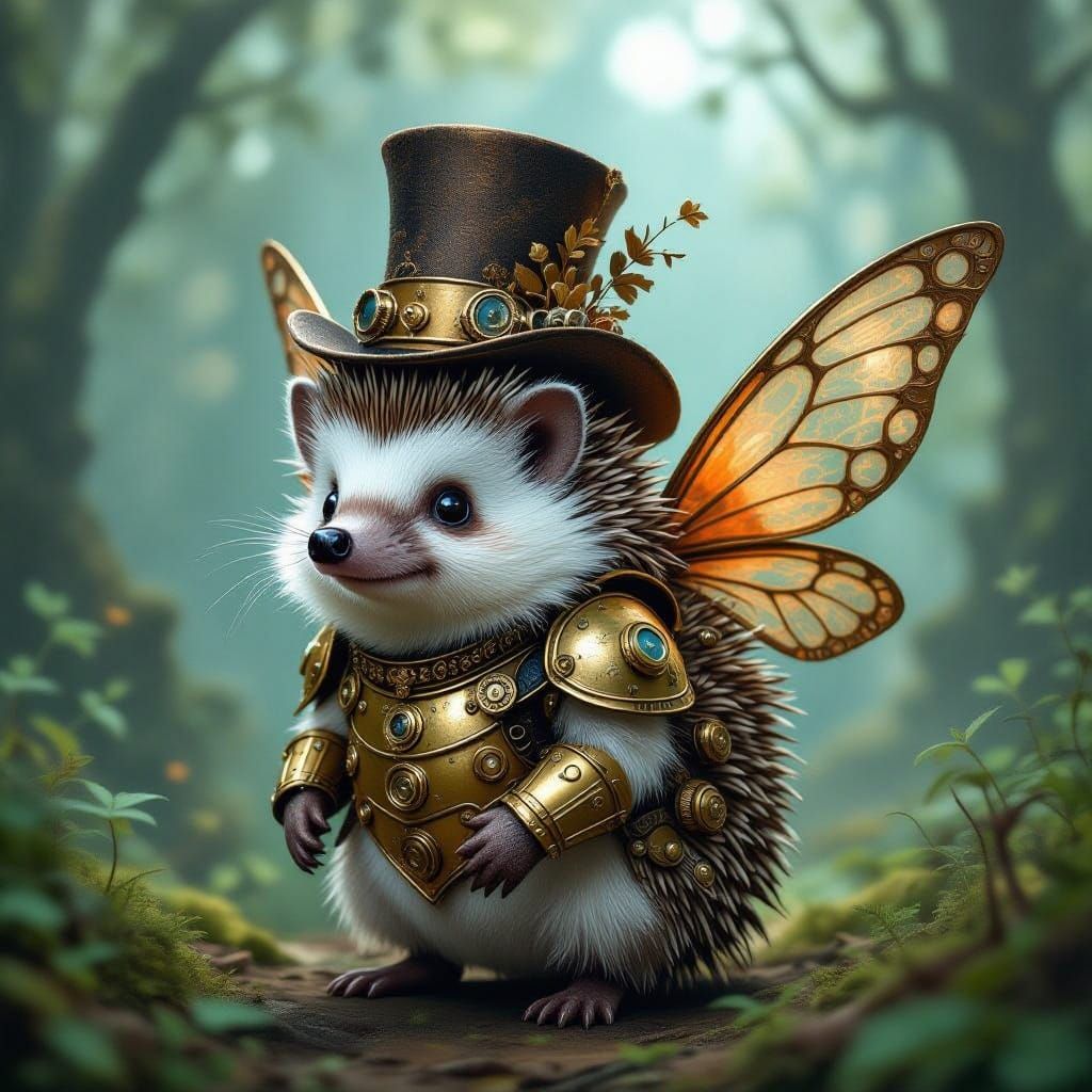 Steampunk Fairy Hedgehog in Whimsical Forest