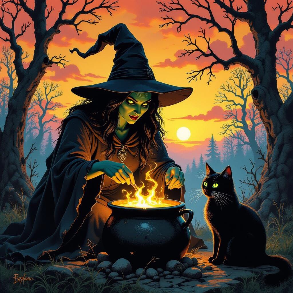 Witch Brewing Potion with Black Cat, in Fantasy Art Style