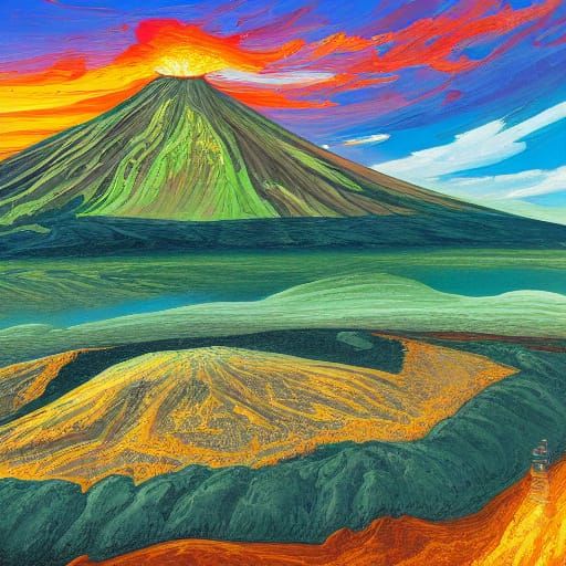 Erupting Volcano in Oil Painting Style