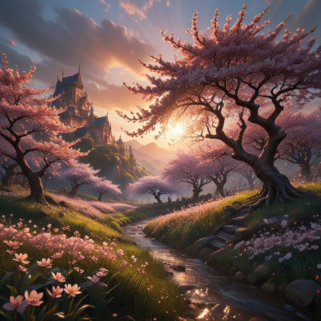 Surreal Cherry Blossom Wonderland in Vibrant HDR