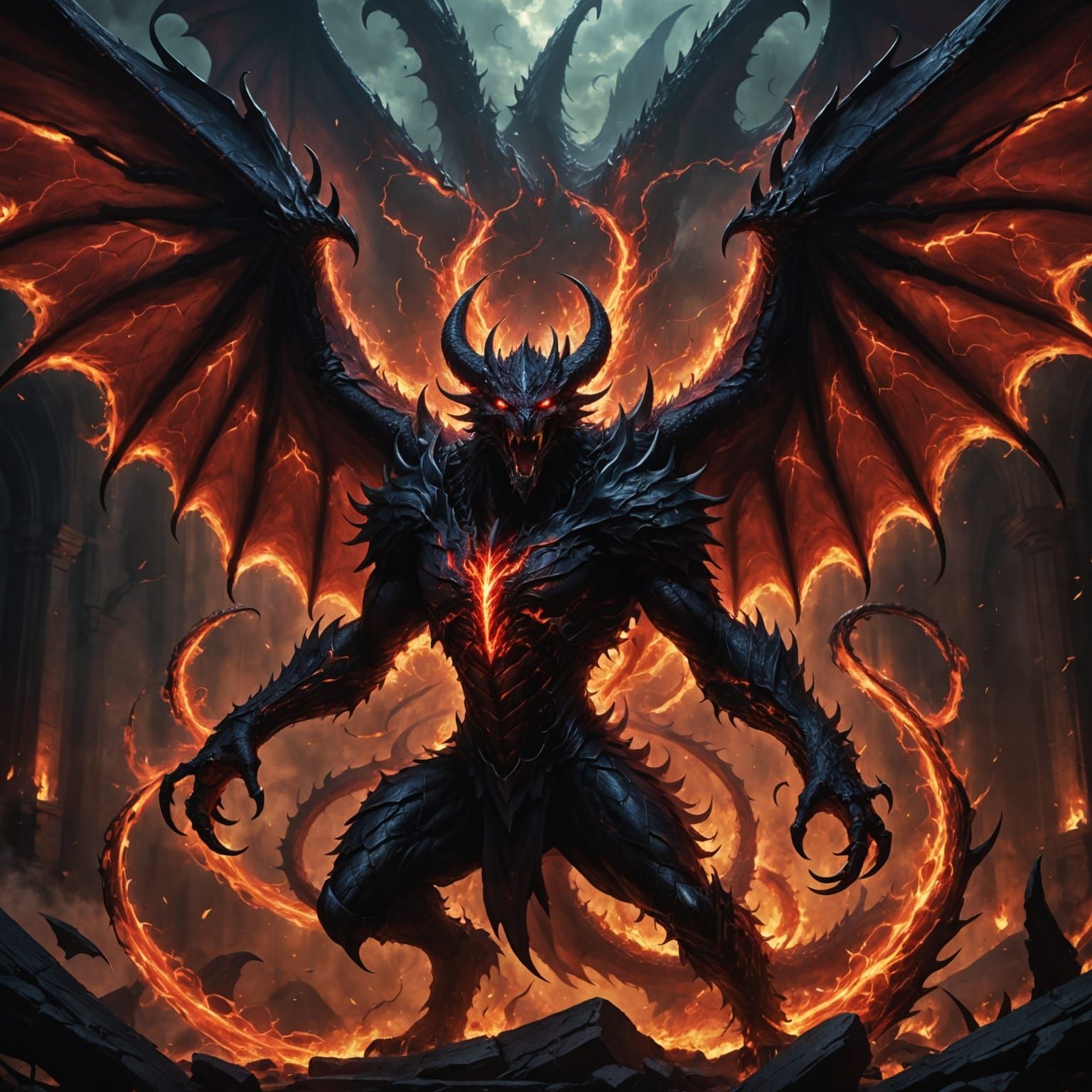Dark, Demonic Bahamut in Hyper-Realistic Dark Fantasy Style