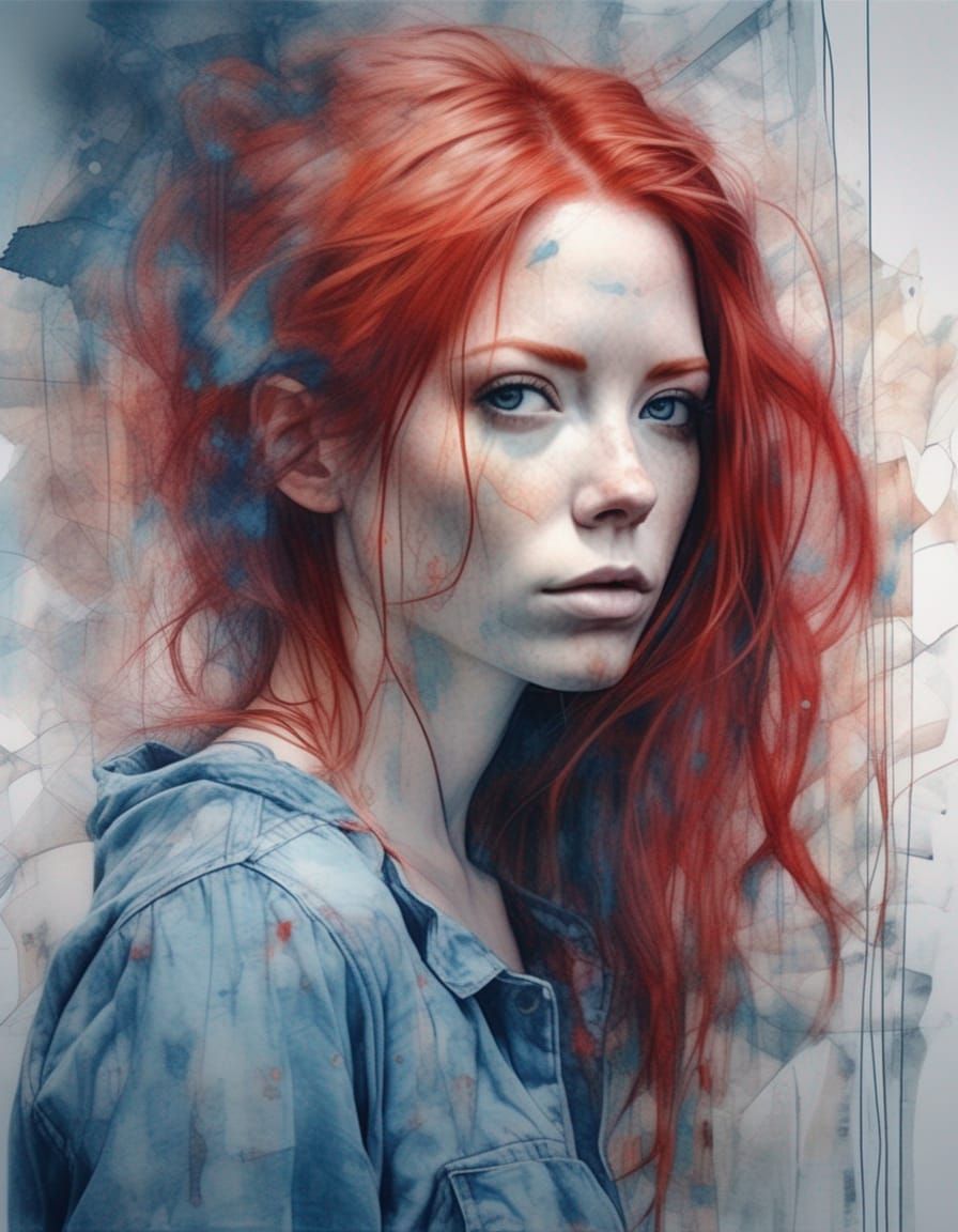 Dreamlike Redhead in Denim, Digital Illustration