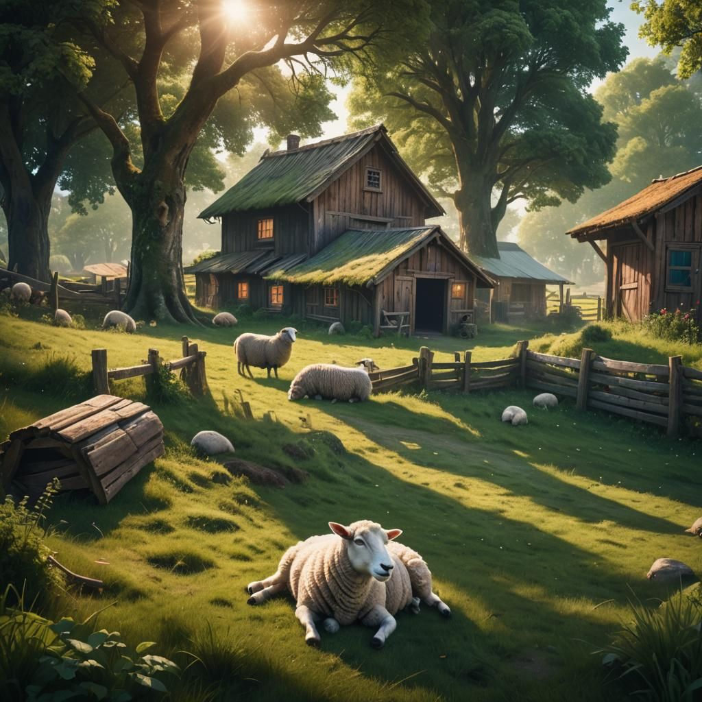 Sheep in Lush Field: Whimsical Fantasy Art