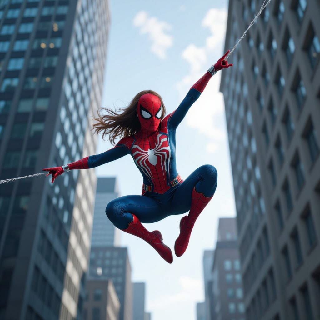 Heroic Lady Spiderman Between Skyscrapers