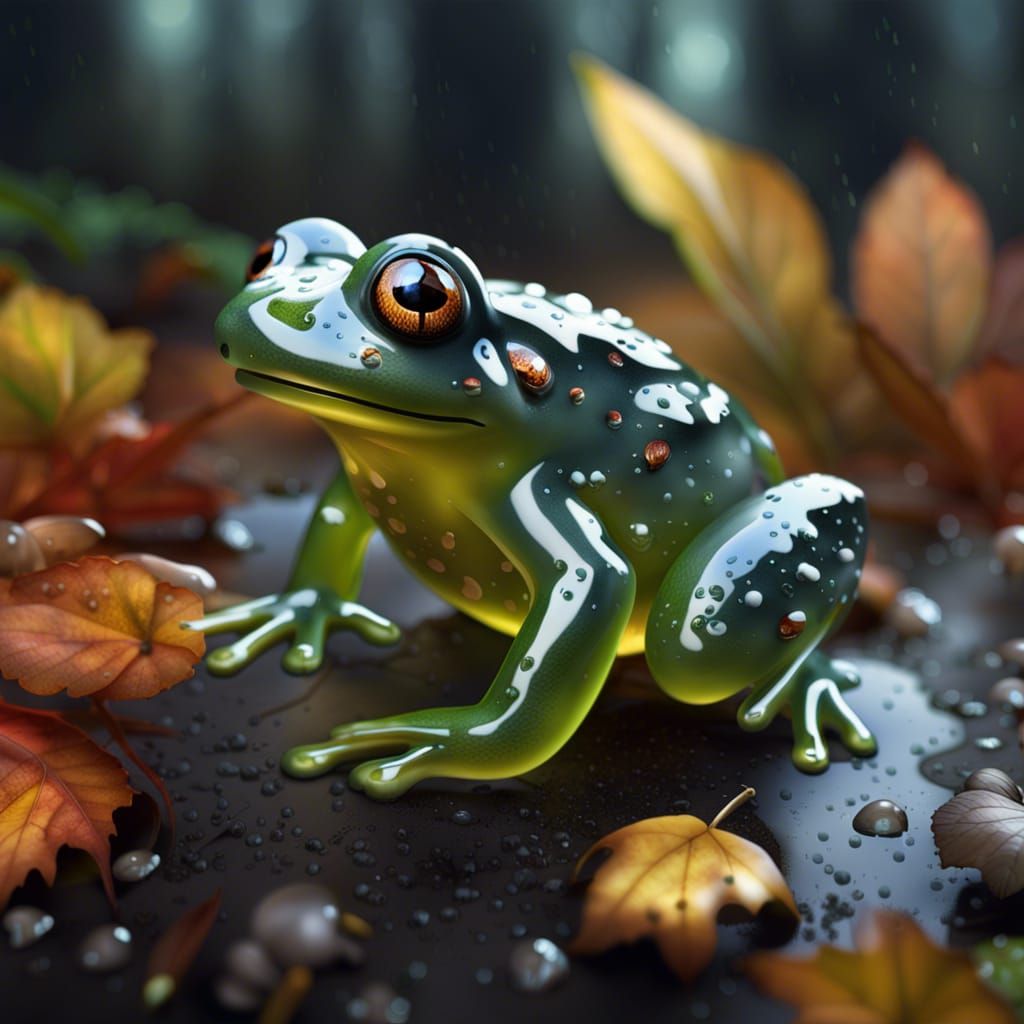 Delicate Glass Frog in Rainy Autumn Scene